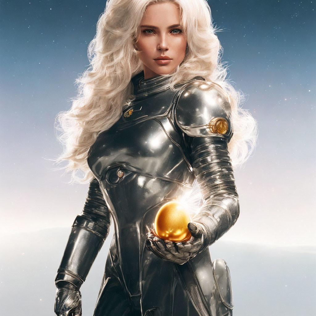 Futuristic female character with white hair in silver armor and glowing orb against sky.