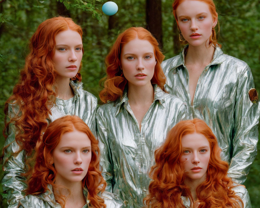 Four Women with Red Hair and Metallic Jackets in Forest, One Tossing Blue Ball