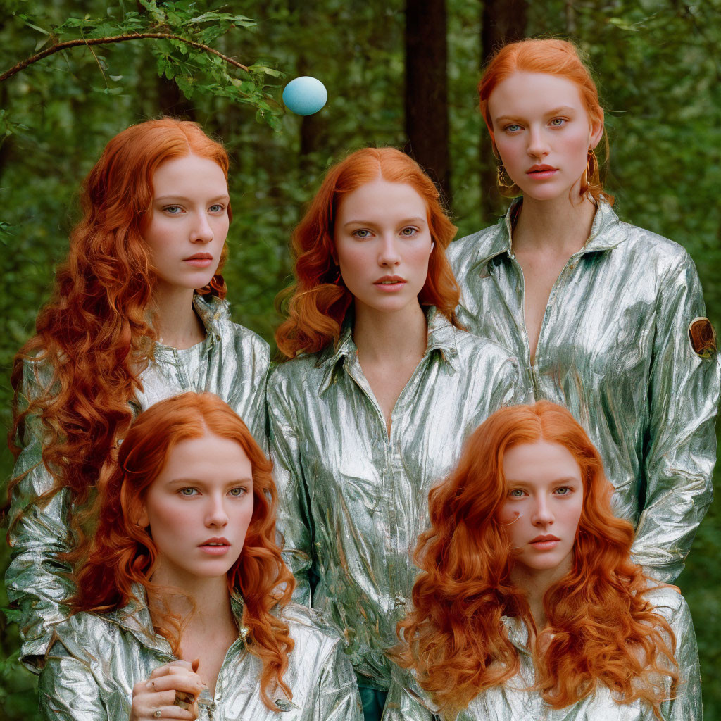 Four Women with Red Hair and Metallic Jackets in Forest, One Tossing Blue Ball