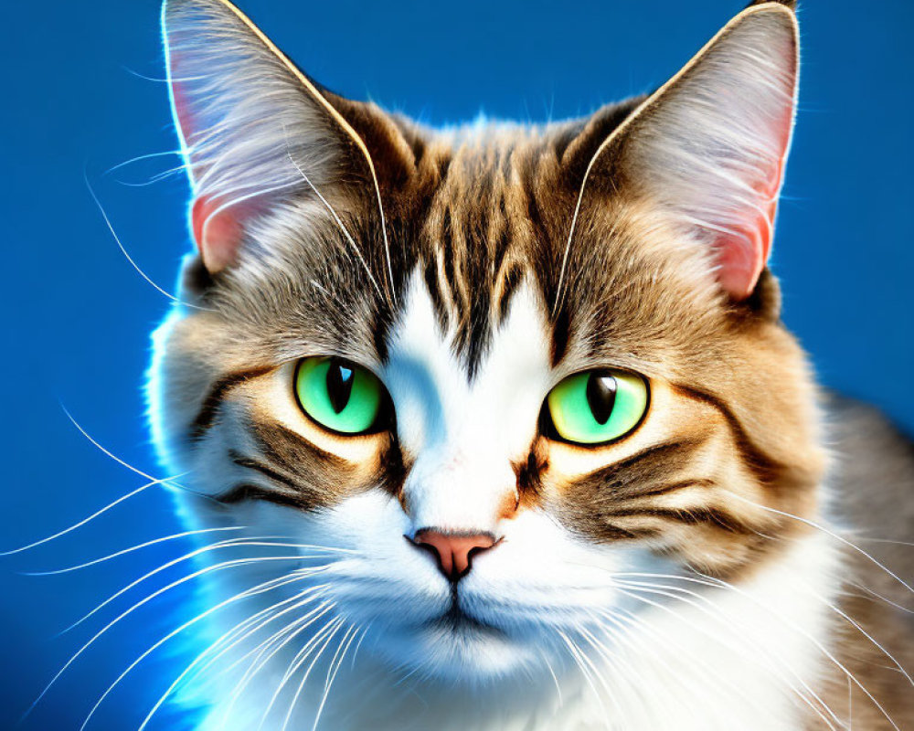 Striking Green-Eyed Tabby Cat on Blue Background