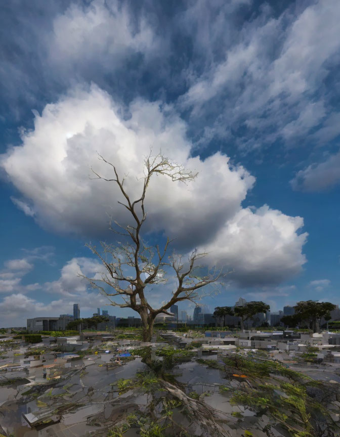 Leafless tree silhouette against dramatic sky and cityscape with debris.