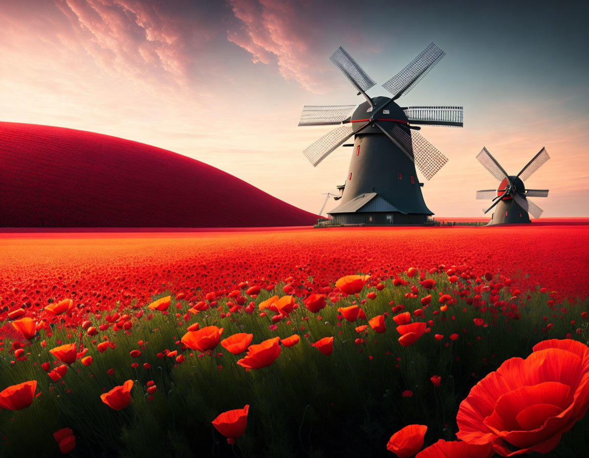 Vibrant poppy field with two windmills at sunset