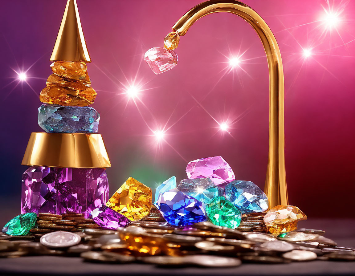 Vibrant gemstones, coins, and whimsical tower under golden faucet