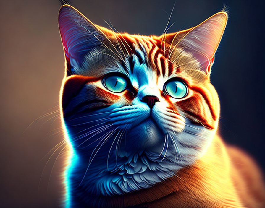 Digitally enhanced cat image with vibrant blue eyes and neon-colored outlines