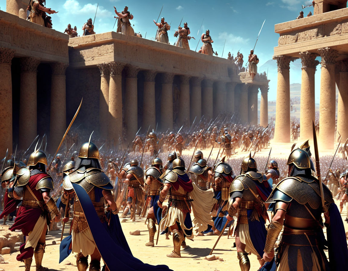 Bronze-armored ancient warriors in sunlit arena with spearmen and onlookers