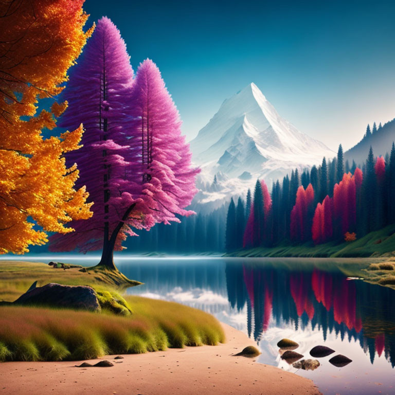 Vibrant autumnal landscape with colorful trees and snow-capped mountain