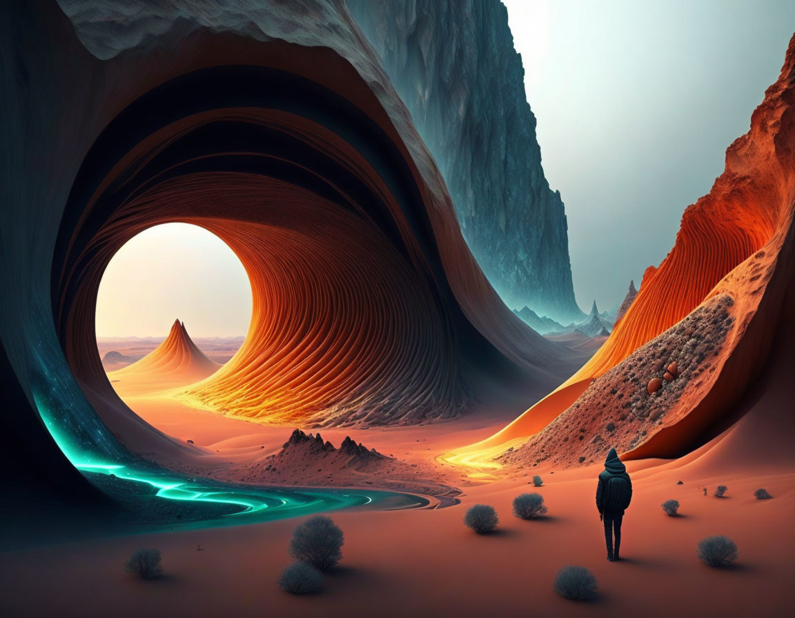 Surreal landscape with sand dunes, blue river, and rocky arches