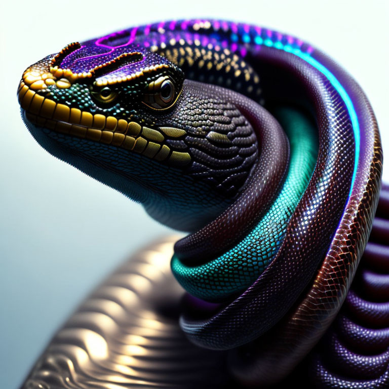 Colorful Coiled Snake with Iridescent Purple, Blue, and Bronze Scales