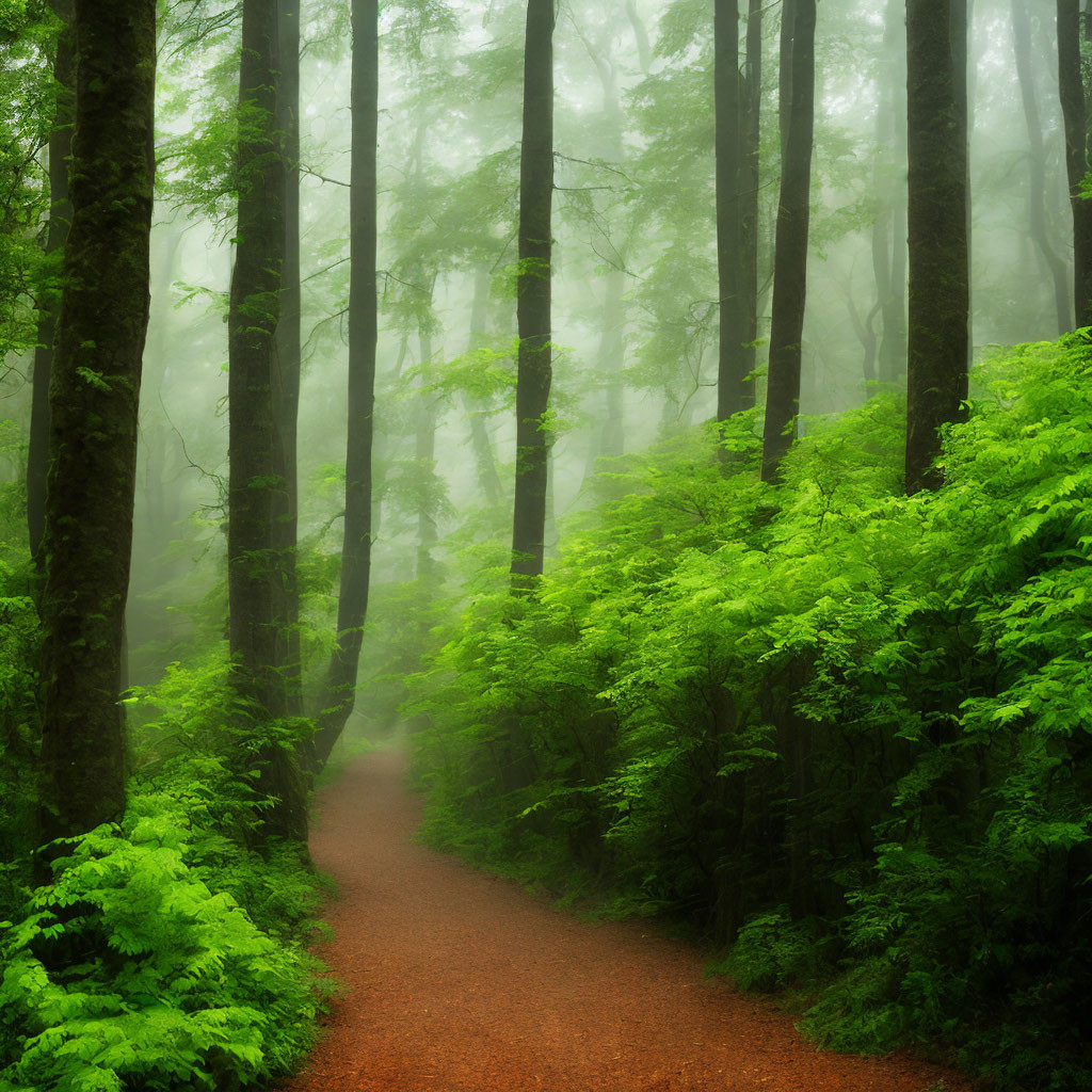 Tranquil forest path through lush greenery and misty ambiance