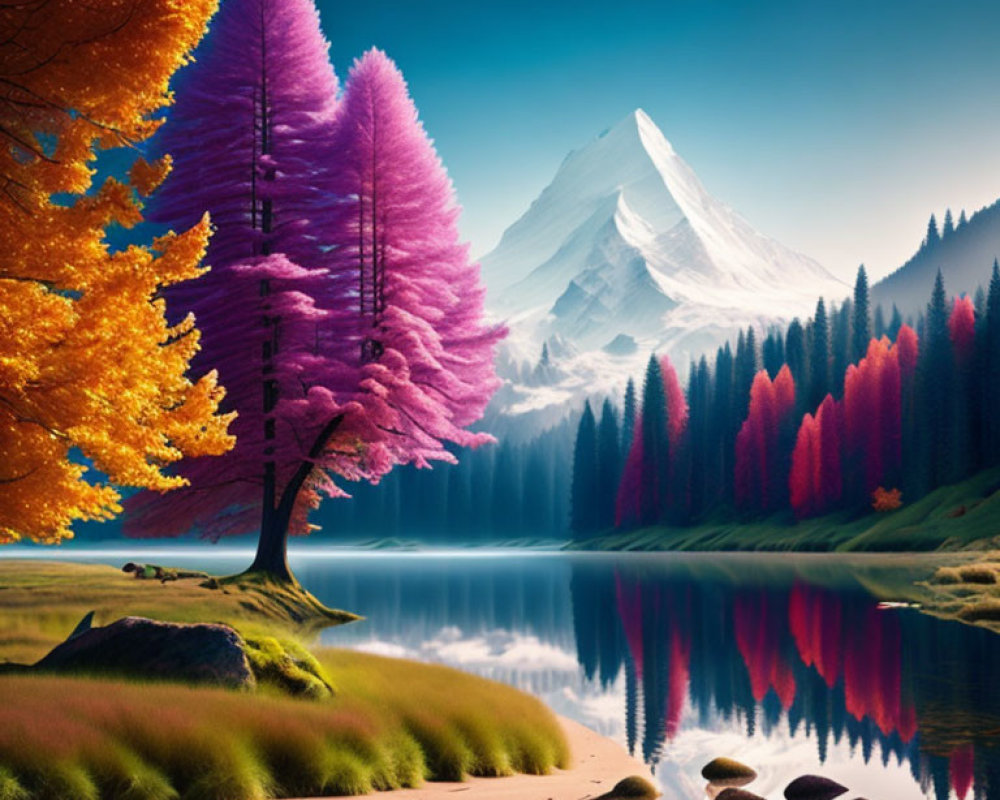 Vibrant autumnal landscape with colorful trees and snow-capped mountain