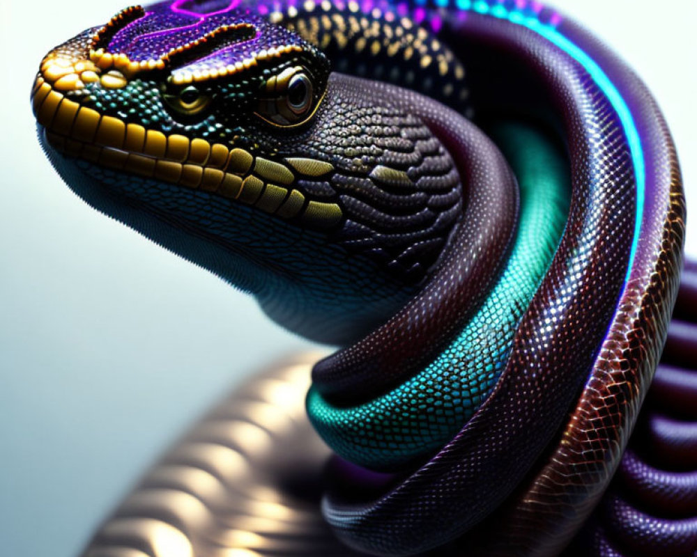 Colorful Coiled Snake with Iridescent Purple, Blue, and Bronze Scales