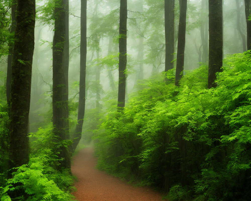 Tranquil forest path through lush greenery and misty ambiance