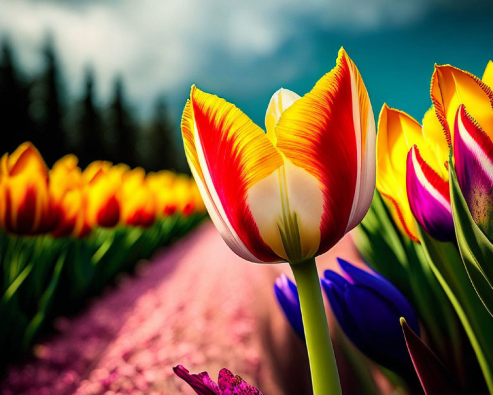 Colorful Tulip Field with Vibrant Red and Yellow Tulip under Dramatic Sky