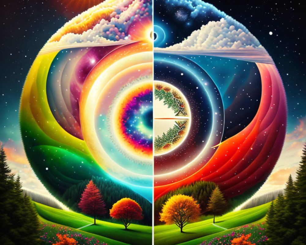 Surreal landscape split by four seasons under swirling portal