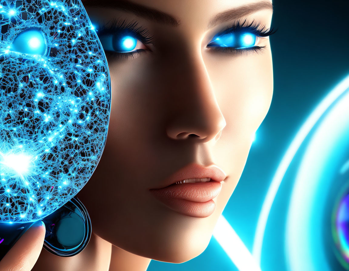 Woman with glowing blue eyes holding luminous orb in futuristic setting