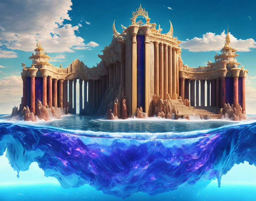 Golden and purple floating temple above surreal water rift