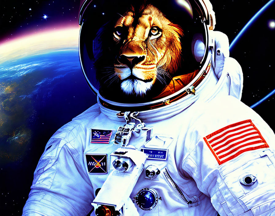 Lion's Head on Astronaut's Body in Space Scene