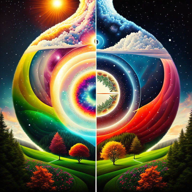 Surreal landscape split by four seasons under swirling portal