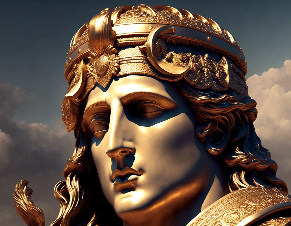 Golden classical figure statue with intricate headgear on sky background