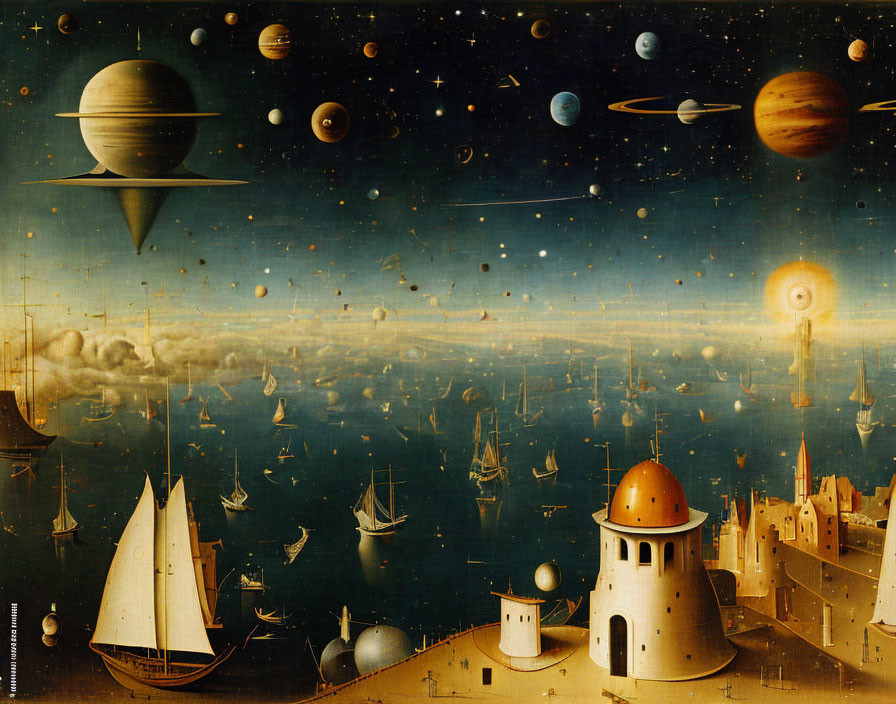 Celestial seascape painting with planets, ships, and castle-like structure