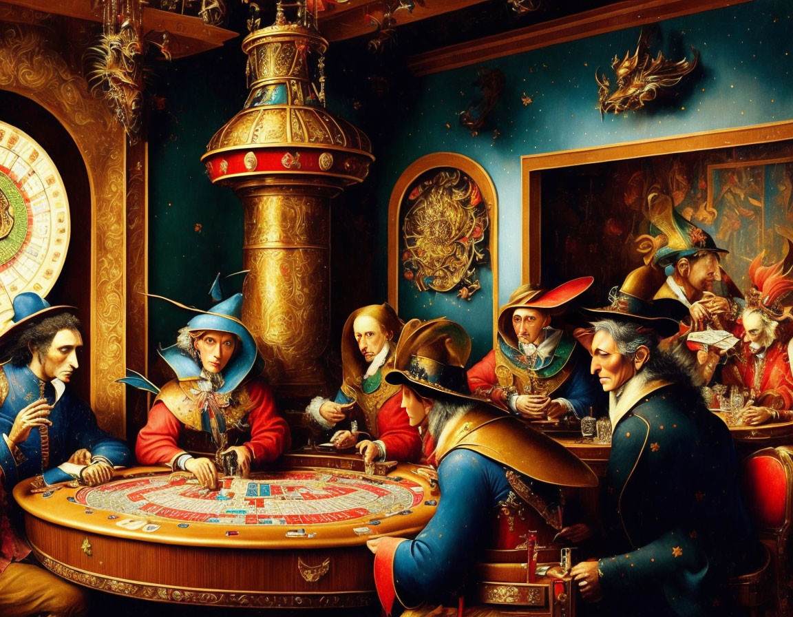 Historical clothing-clad group playing board game in ornate room