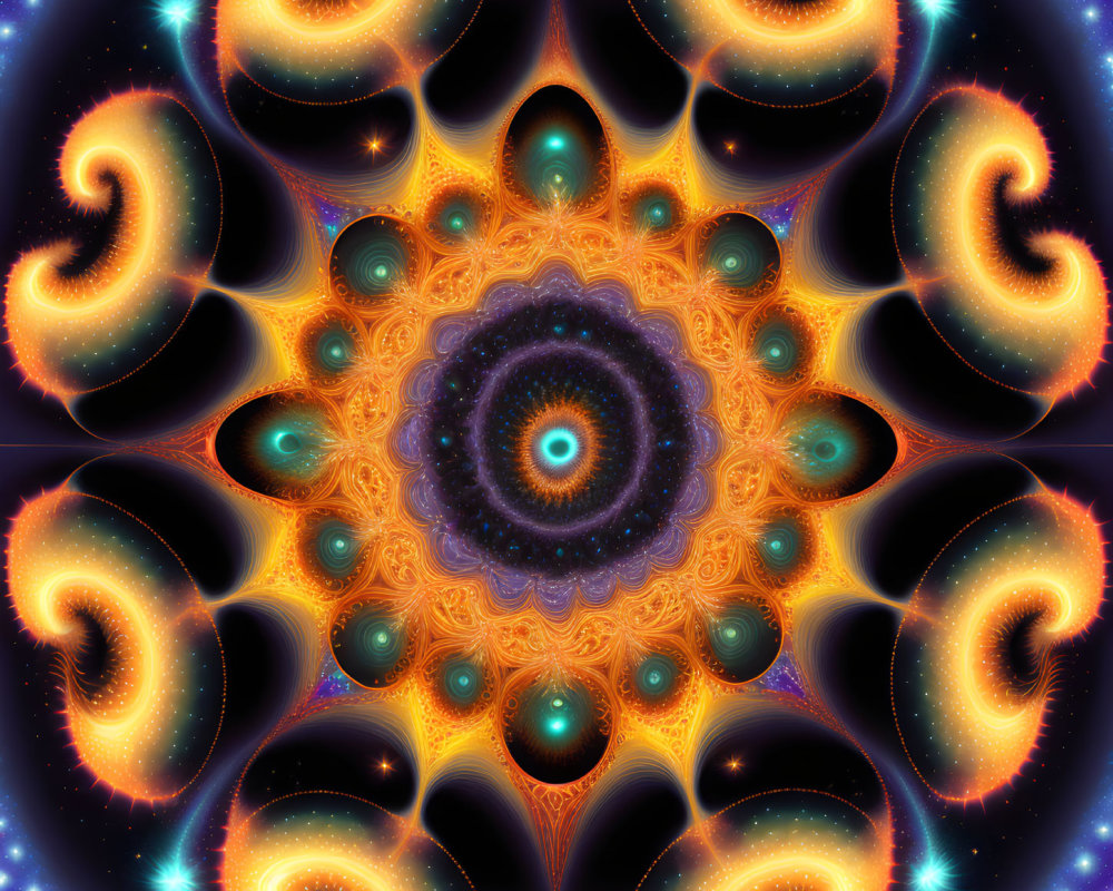 Colorful Symmetrical Mandala Fractal with Spiral Motifs