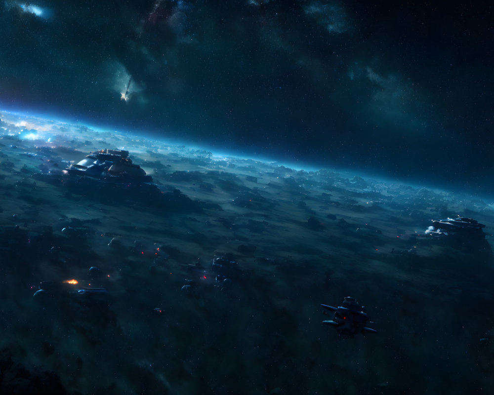 Epic Space Battlefield with Starships Amidst Stars and Nebulae