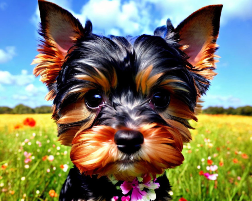 Yorkshire Terrier in floral collar in vibrant field with red flowers and blue sky.