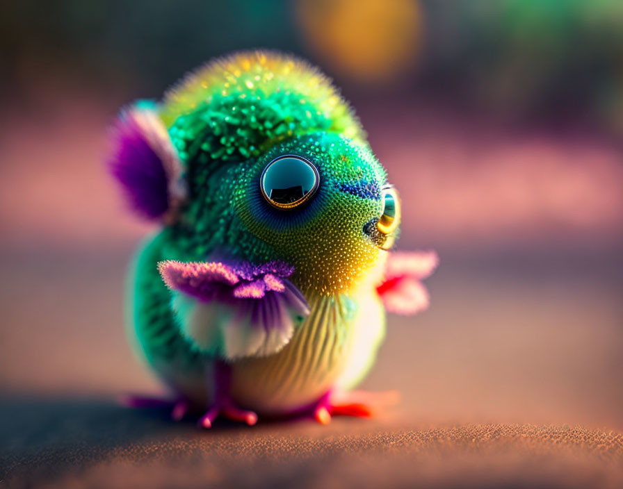 Colorful fantastical creature with shiny eyes, green feathers, and purple ears on blurry ground