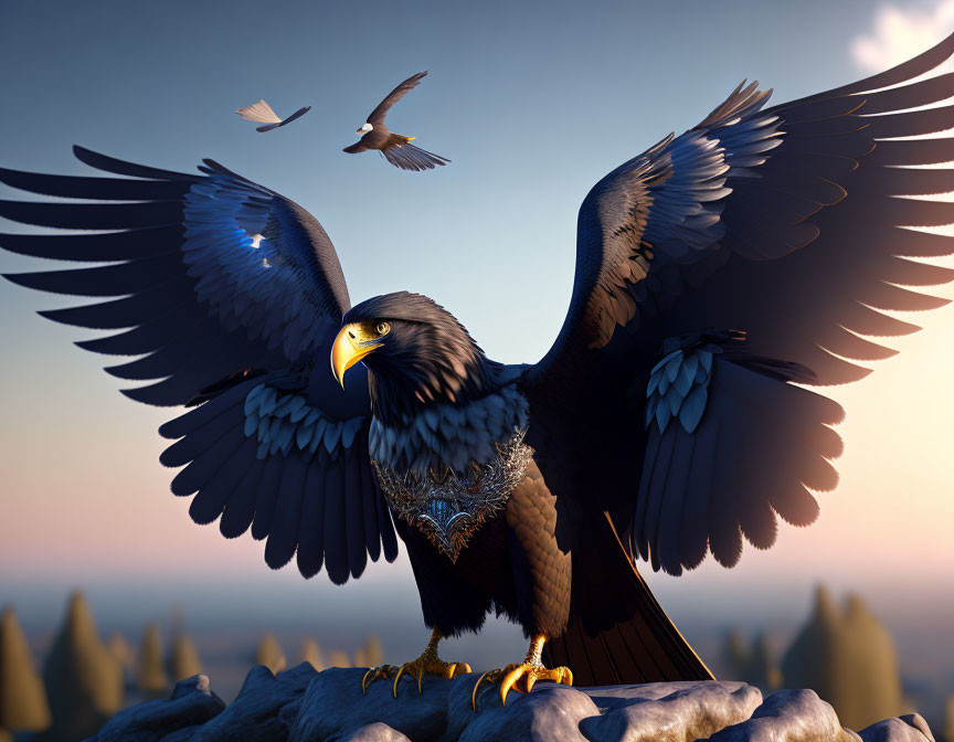 Majestic eagle perched on rocks with flying birds and sunrise sky