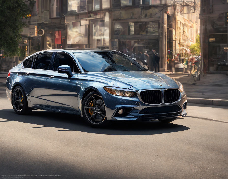 Blue Sports Sedan Parked on Urban Street with Buildings and Pedestrians