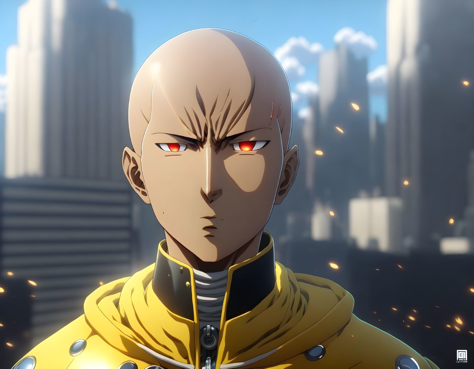 Bald animated character in yellow suit with red eyes against cityscape.