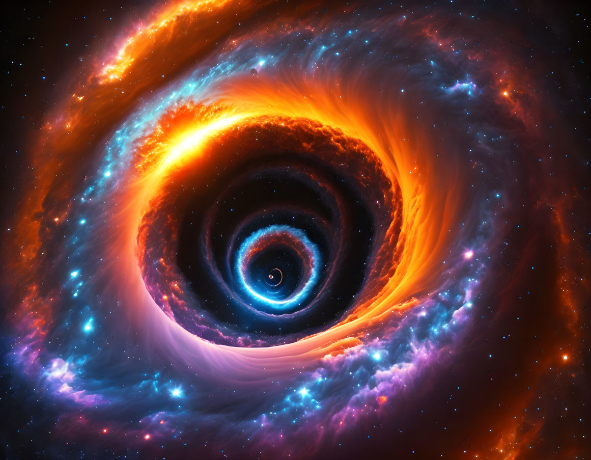 Colorful cosmic illustration: black hole, swirling gases, stars