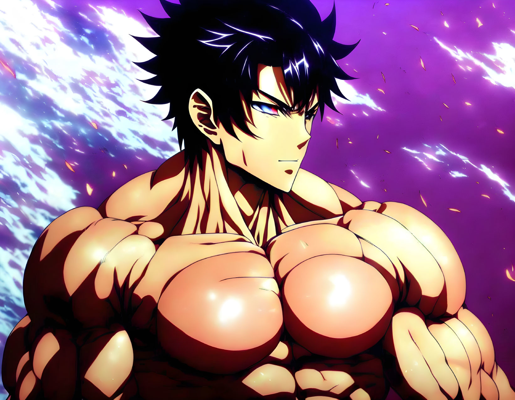 Spiky black hair animated character flexing against cosmic purple background