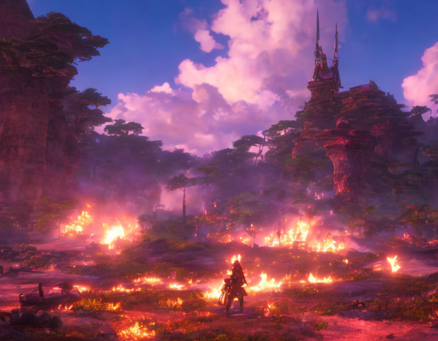 Knight in armor gazes at mystical forest with small fires, giant trees, slender castle on distant rock