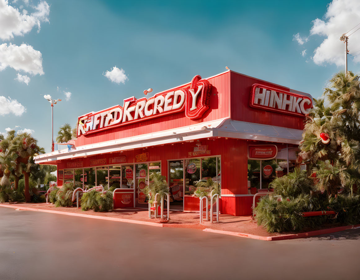 Vintage Red and White Diner with Neon Signs and Vintage Gas Pumps