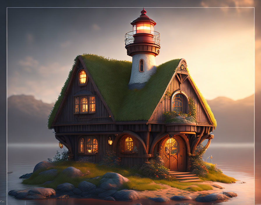 Cozy cottage with lighthouse on island at sunset