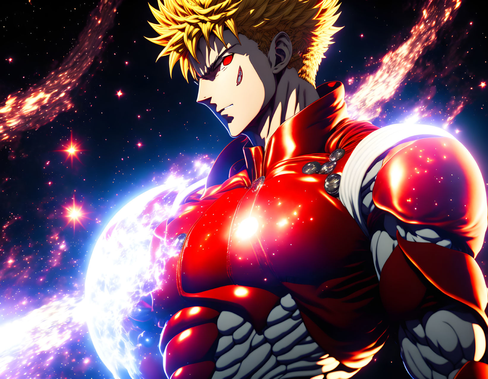 Spiky Blond-Haired Animated Character in Red Armored Suit against Cosmic Backdrop