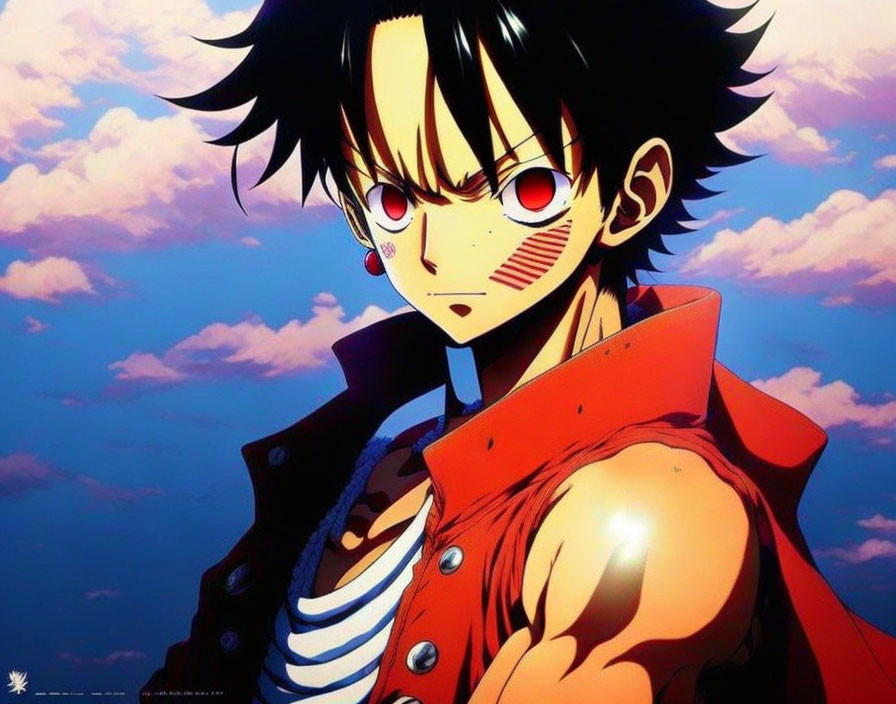 Spiky Black-Haired Animated Character in Red Coat and Black Vest with Scar and Determined Expression