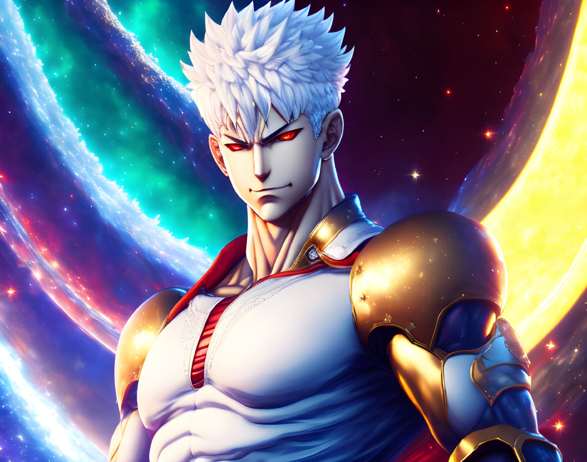 Spiky White Hair, Red Eyes, Golden Armor: Cosmic Background Character