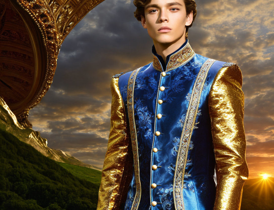 Young Person in Blue and Gold Period Costume with Sunset and Mountain Backdrop