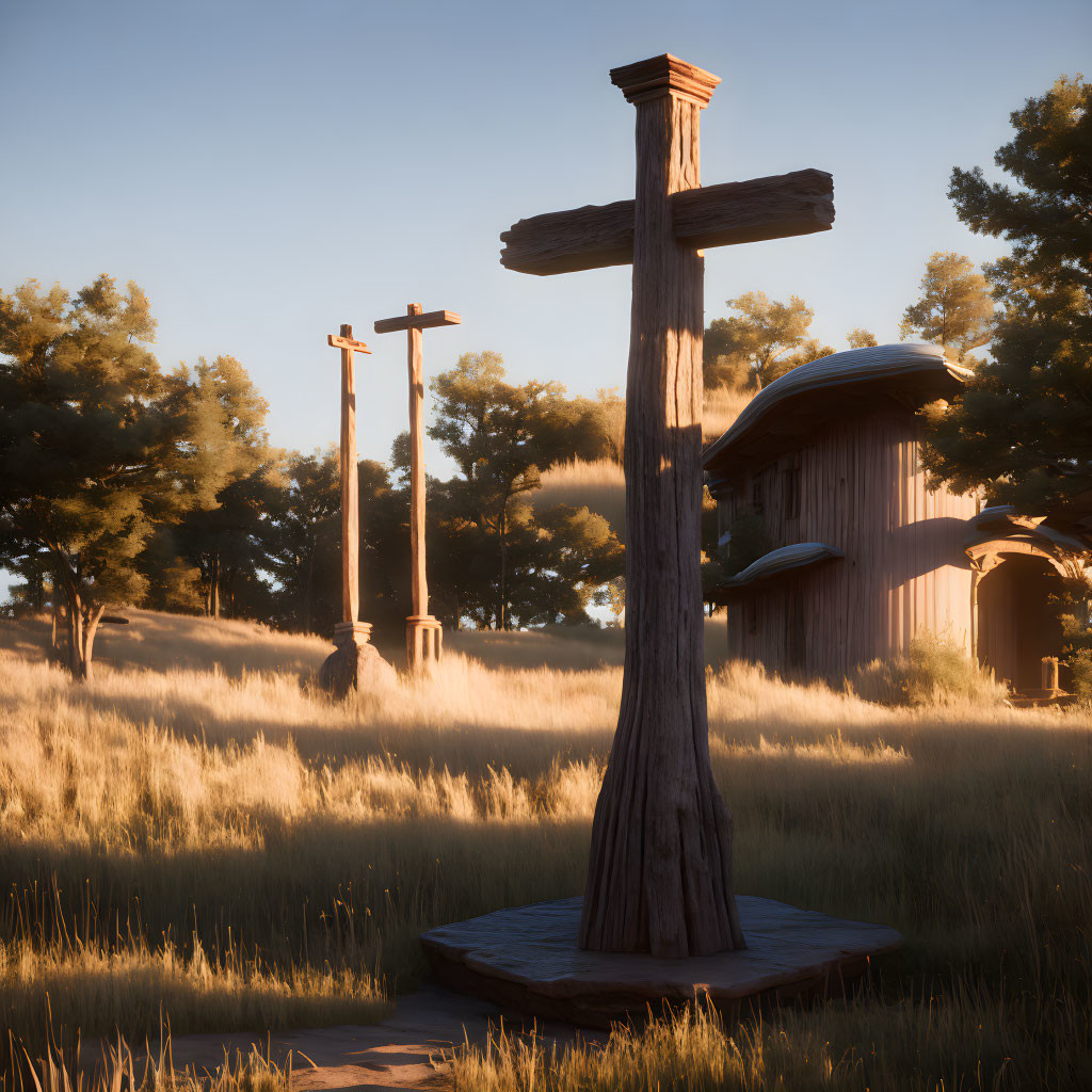 Sunlit Field with Wooden Crosses and Small Hut in Forest