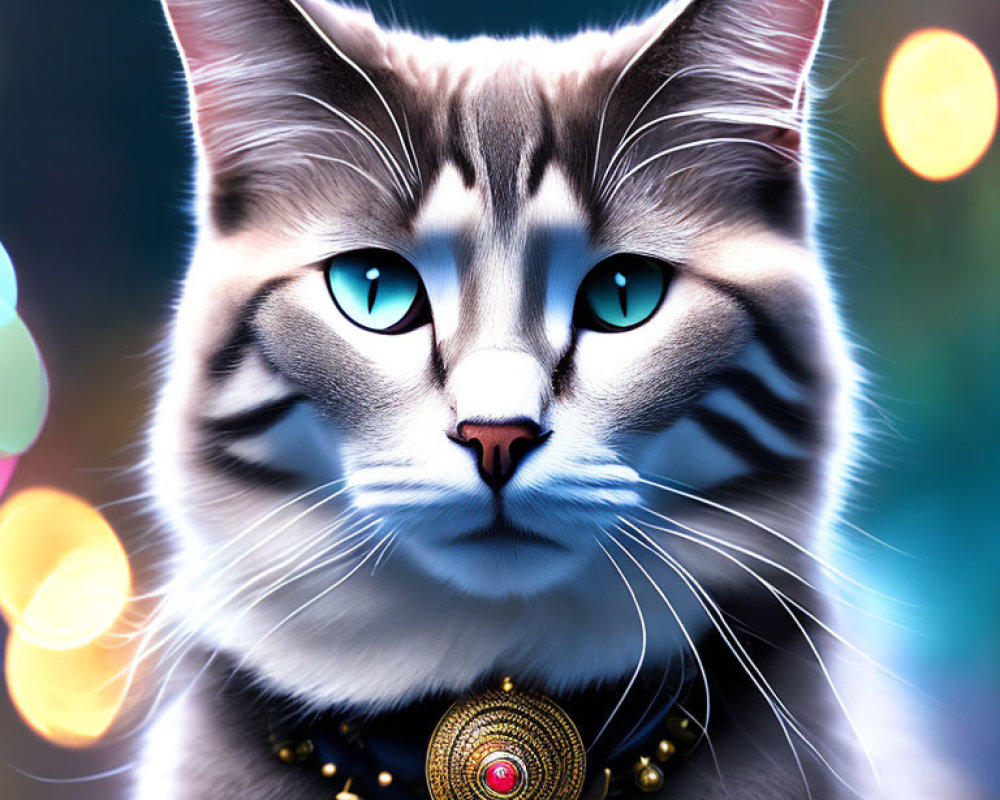 Detailed digital artwork: Cat with blue eyes & decorative collar on bokeh background