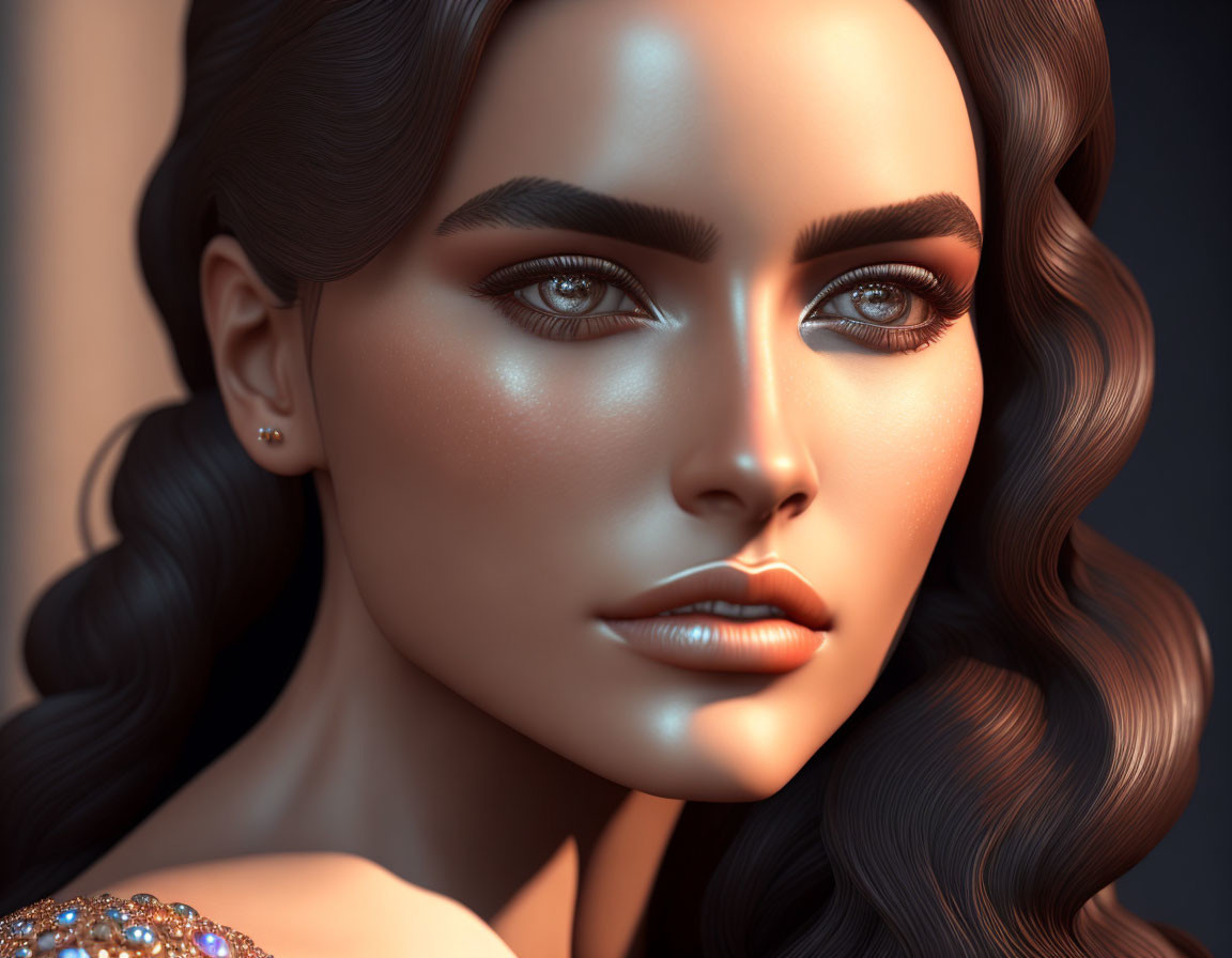 Detailed 3D-rendered female with makeup, wavy hair, and shimmering garment