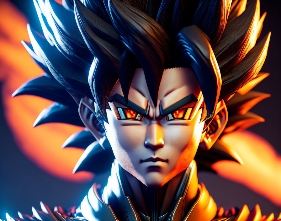 Intense animated character with spiky hair on fiery orange background