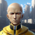 Bald animated character in yellow suit with red eyes against cityscape.