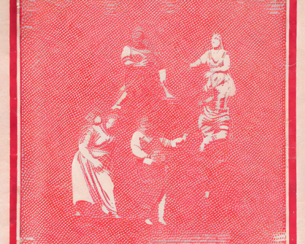 Monochromatic red ancient Greek/Roman illustration of four figures