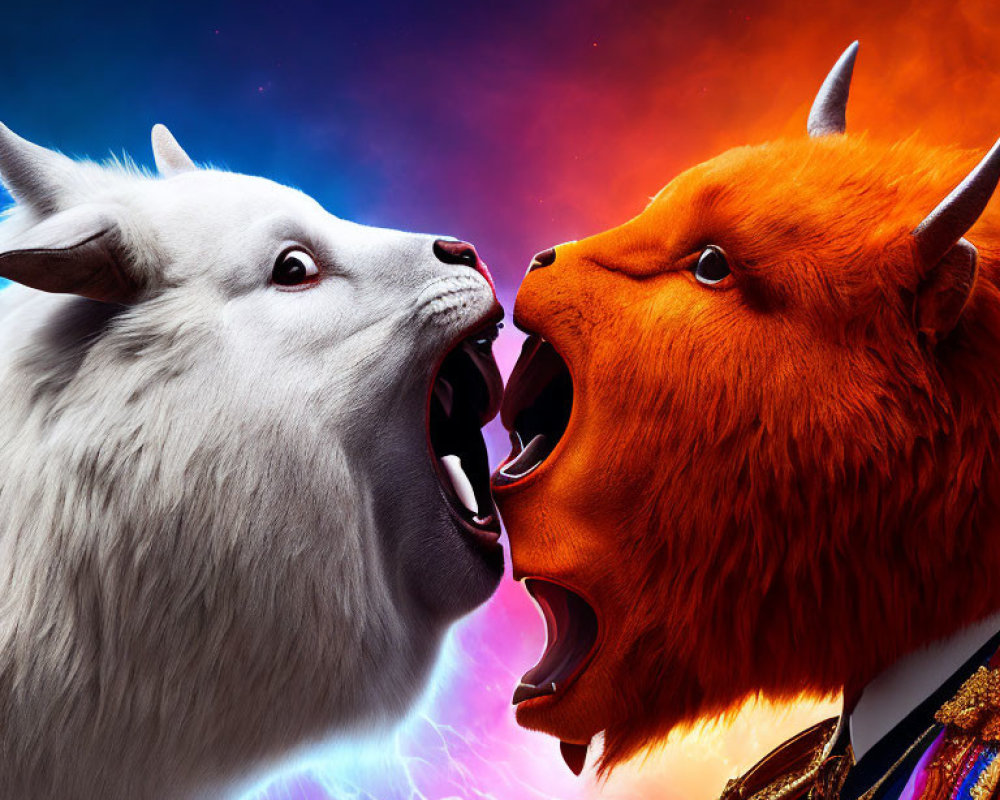 White wolf and orange lion roaring in cosmic scene