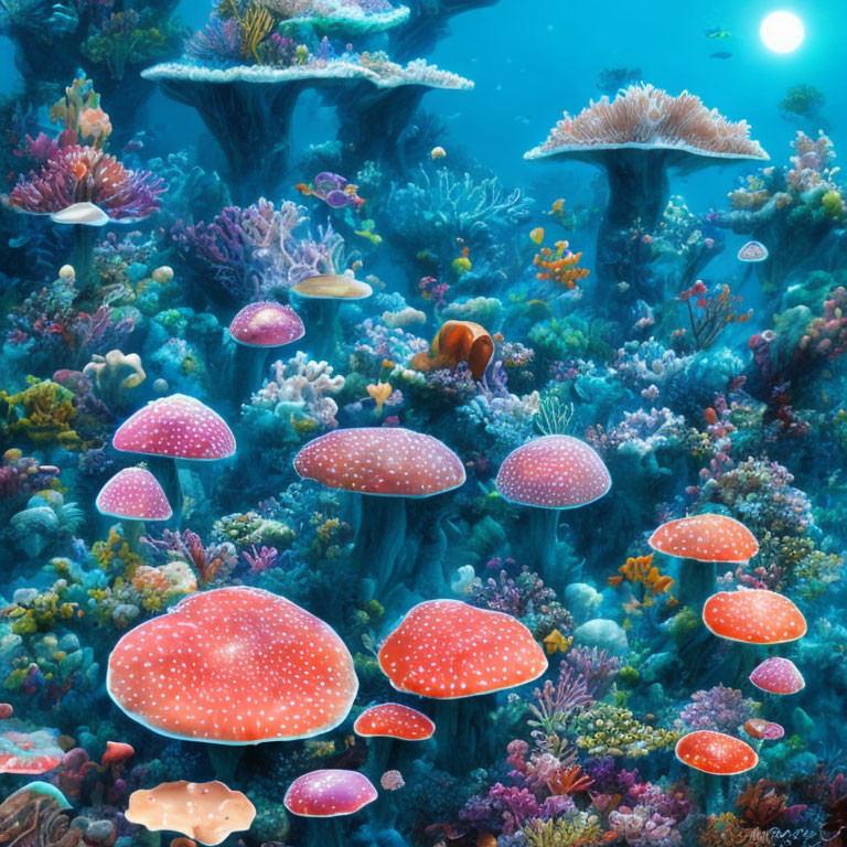 Colorful Coral Structures and Mushroom-like Organisms in Underwater Scene