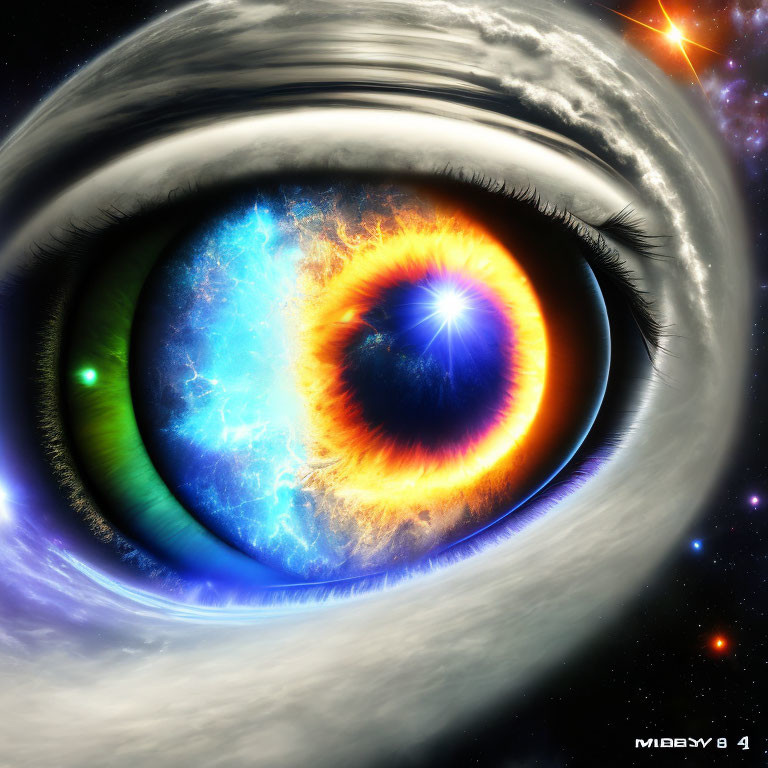 Surreal image of fiery eye with universe in iris against cosmic backdrop